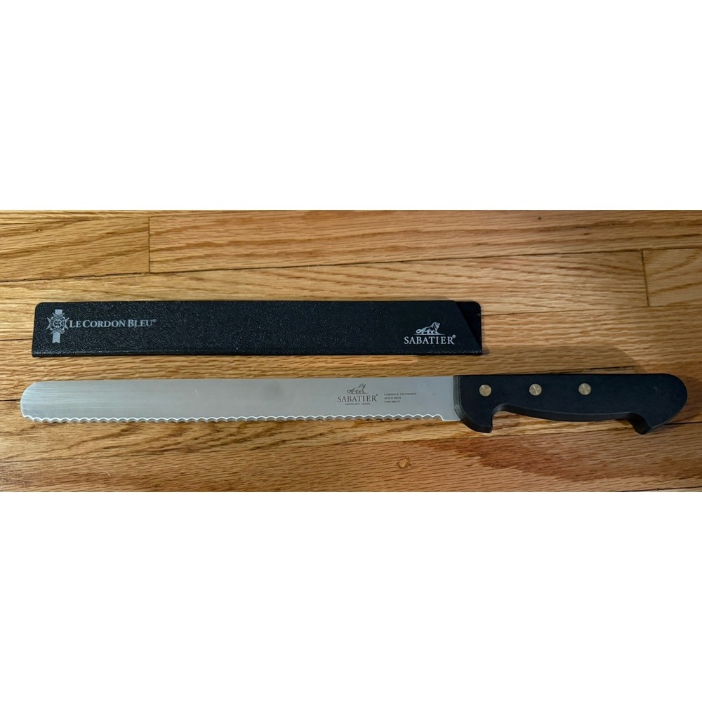 Vintage Sabatier France 10-inch serrated LeCordon Bleu knife, made in France.